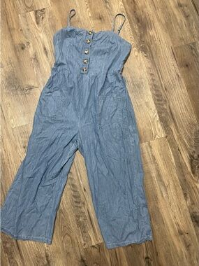 Light Denim-Blue Button-Front Spaghetti Strap Jumpsuit